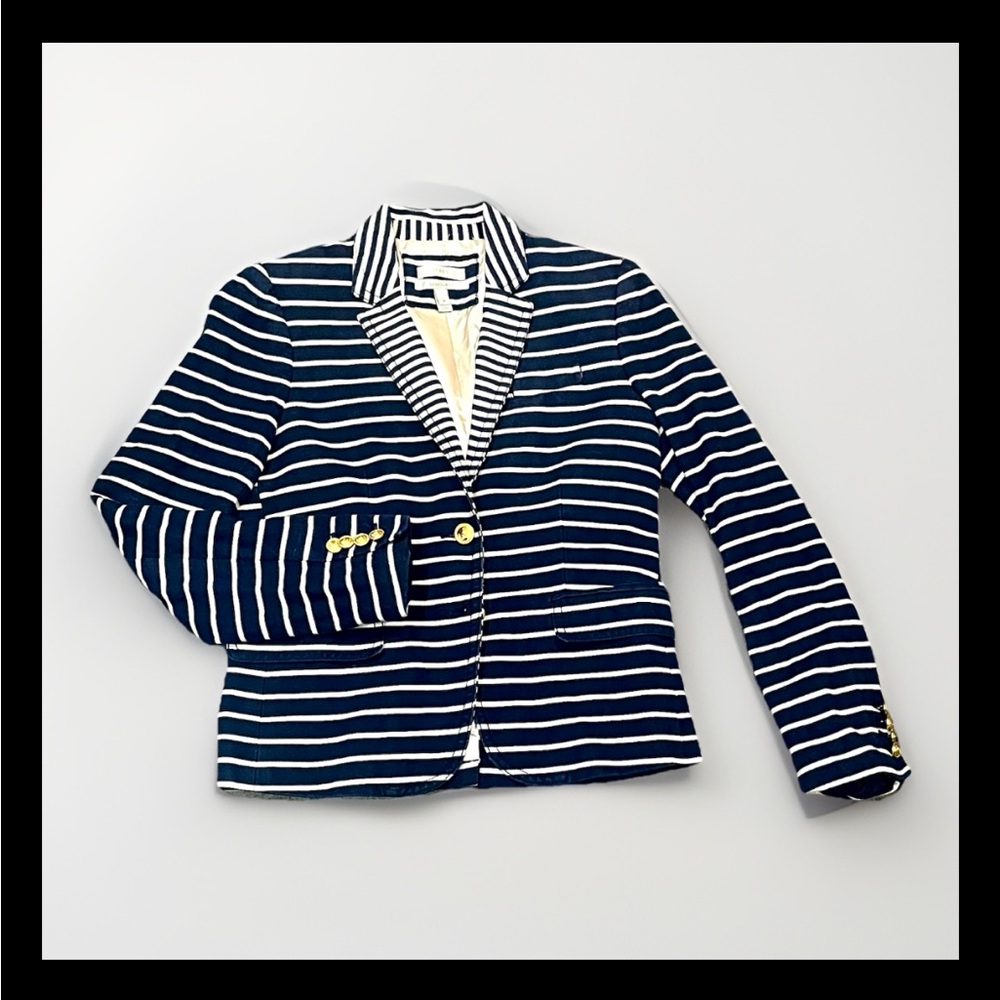 J. Crew Schoolboy Blazer Linen Blend Striped Nautical Gold Button Jacket Size 4